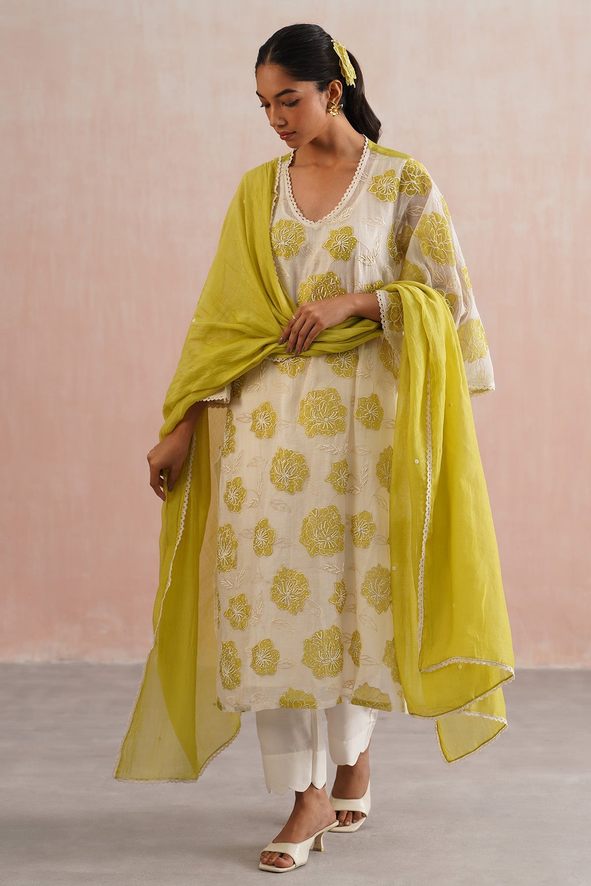 Buy Green Floral Applique Kurta Set for women online available at Scrollnshops